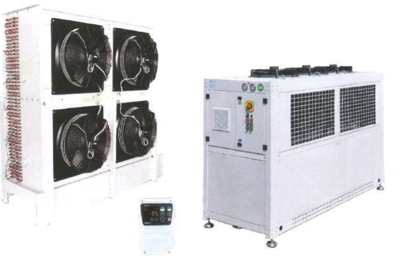 Semi-hermetic or screw compressors and an air-cooled condenser. The source gives no capacity table and no freezing time.