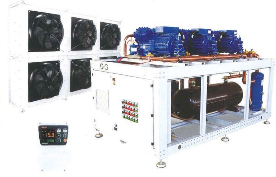 Project systems with semi-hermetic, scroll, or screw compressors, and air- or water-cooled condensers. The source identifies 2-, 3-, and 4-compressor arrangements. The catalog rating tables are shown on this page.