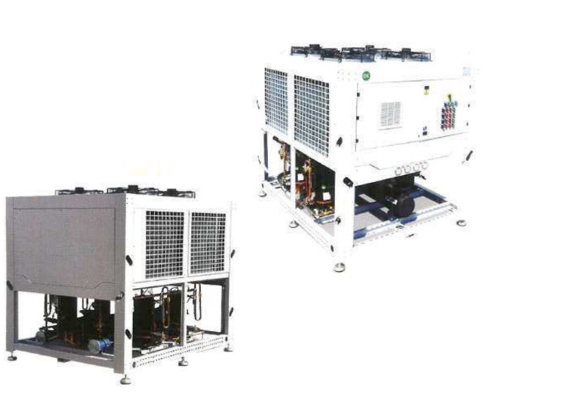Semi-hermetic, scroll, or screw compressors, with air- or water-cooled condensers. Ammonia and freon are mentioned for the family, not for every unit. The catalog rating tables are shown on this page.