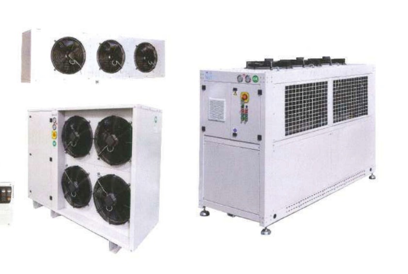Semi-hermetic or scroll compressors and an air-cooled condenser. Some listed accessories apply only to particular supplier series.