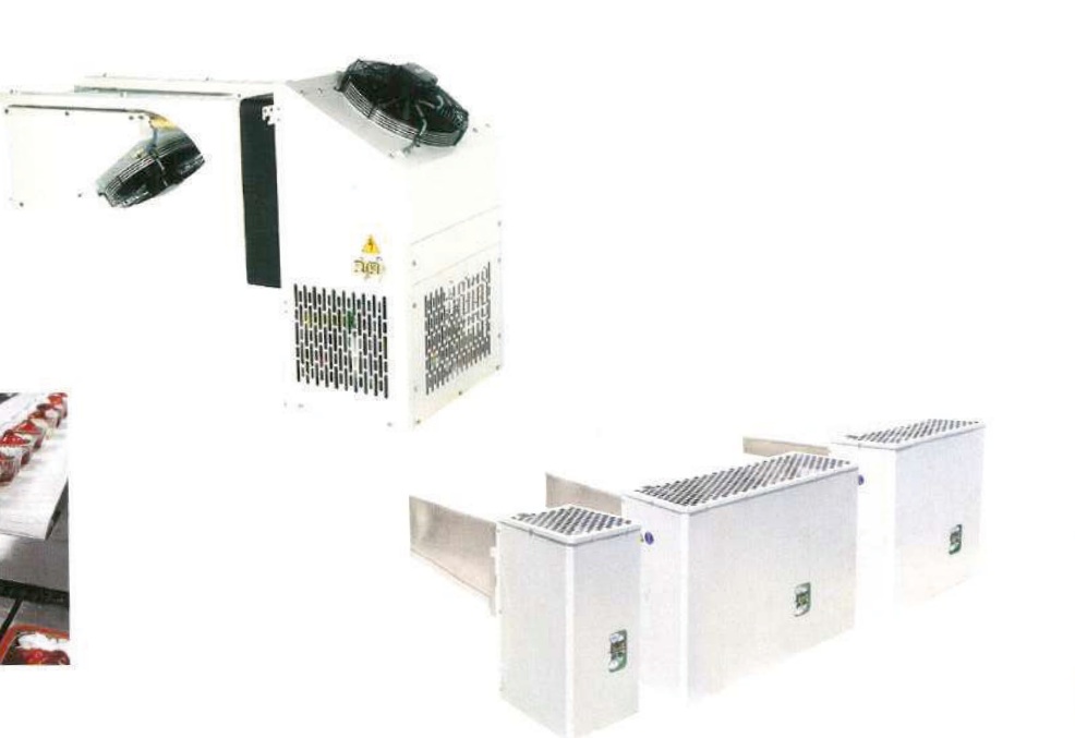A compact hermetic, air-cooled unit with controls assembled. The overview says R404 and a following table says R404A. The catalog rating tables are shown on this page.