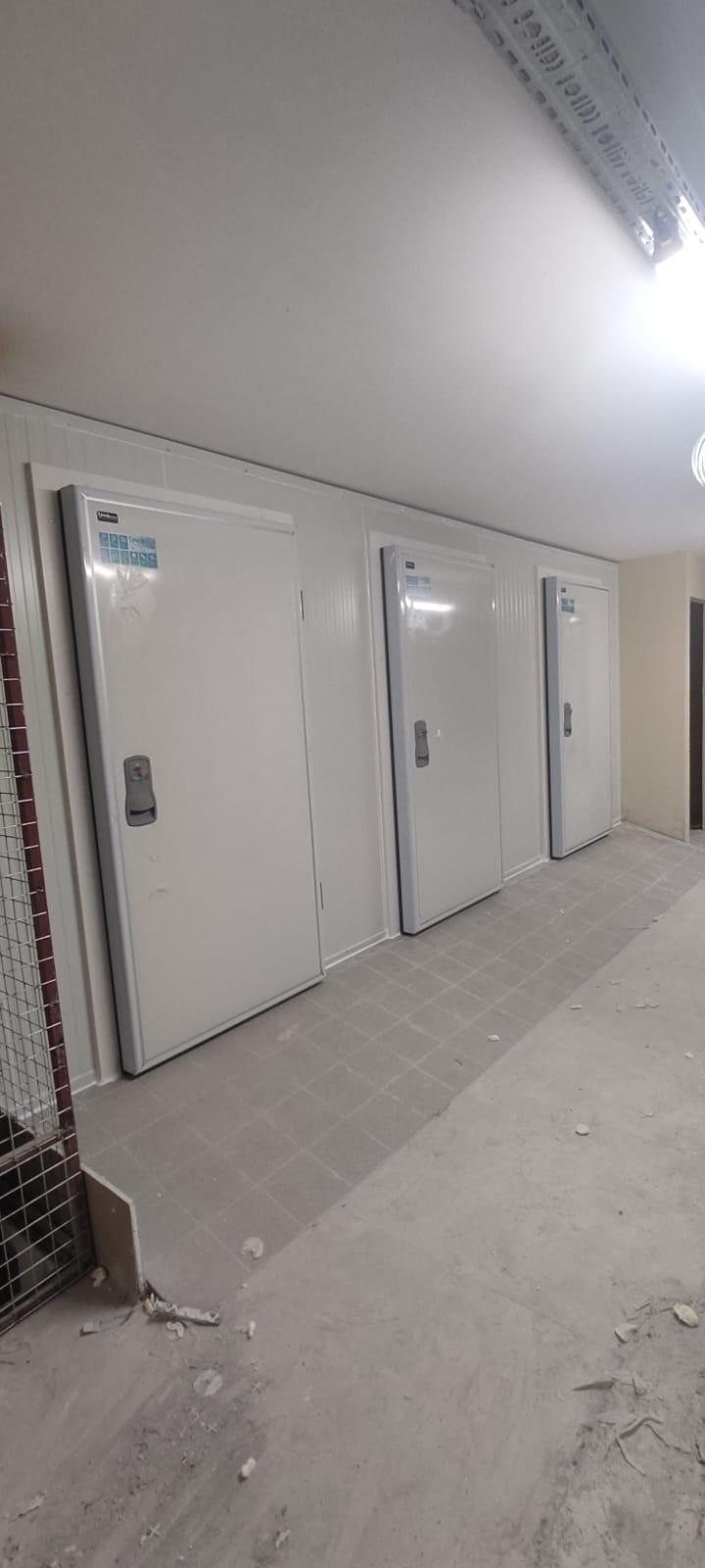 Open and closed white hinged doors in a panel-lined room. Not matched to a specific door model.